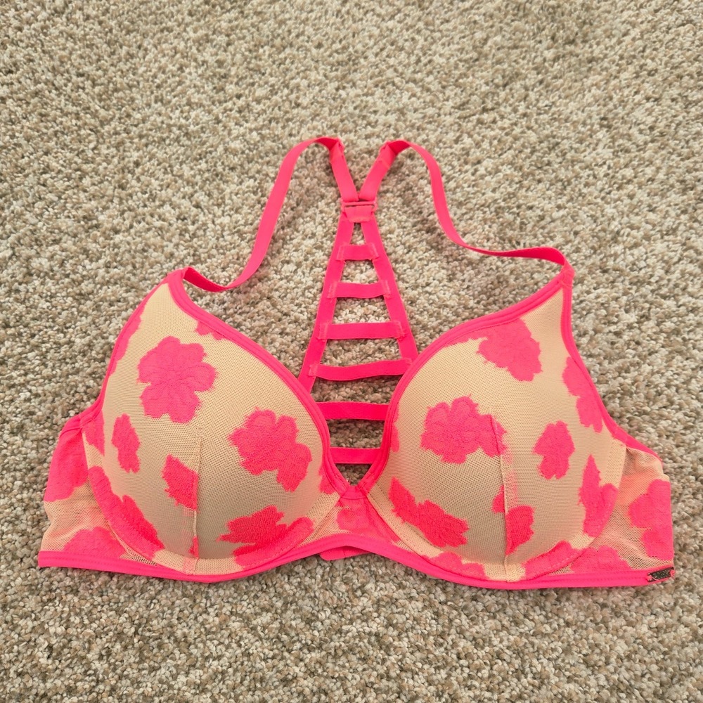 PINK Victorias Secret Lightly Lined Strappy Bra 34C Underwire Hot Pink Floral